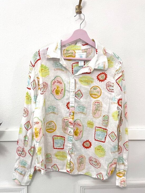 Cynthia Rowley Olive Oil Colorful Print Linen Long Sleeve Size XL - Picture 2 of 5
